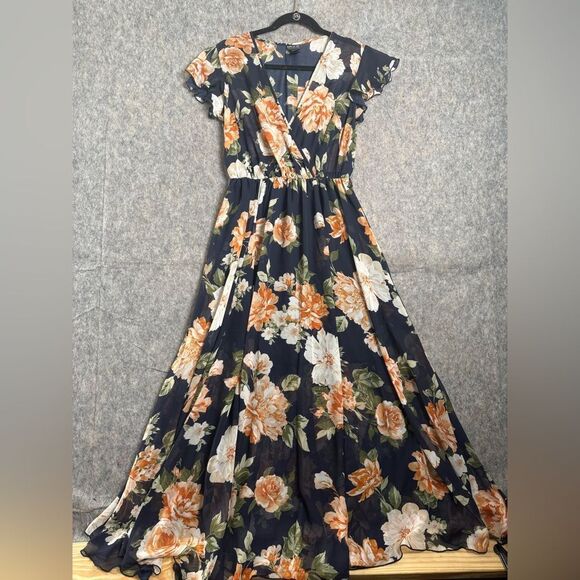 Kate and Lily Fit & Flare Dress Women's 6P Navy Floral Pleated V-Neck Partywear - Picture 1 of 4